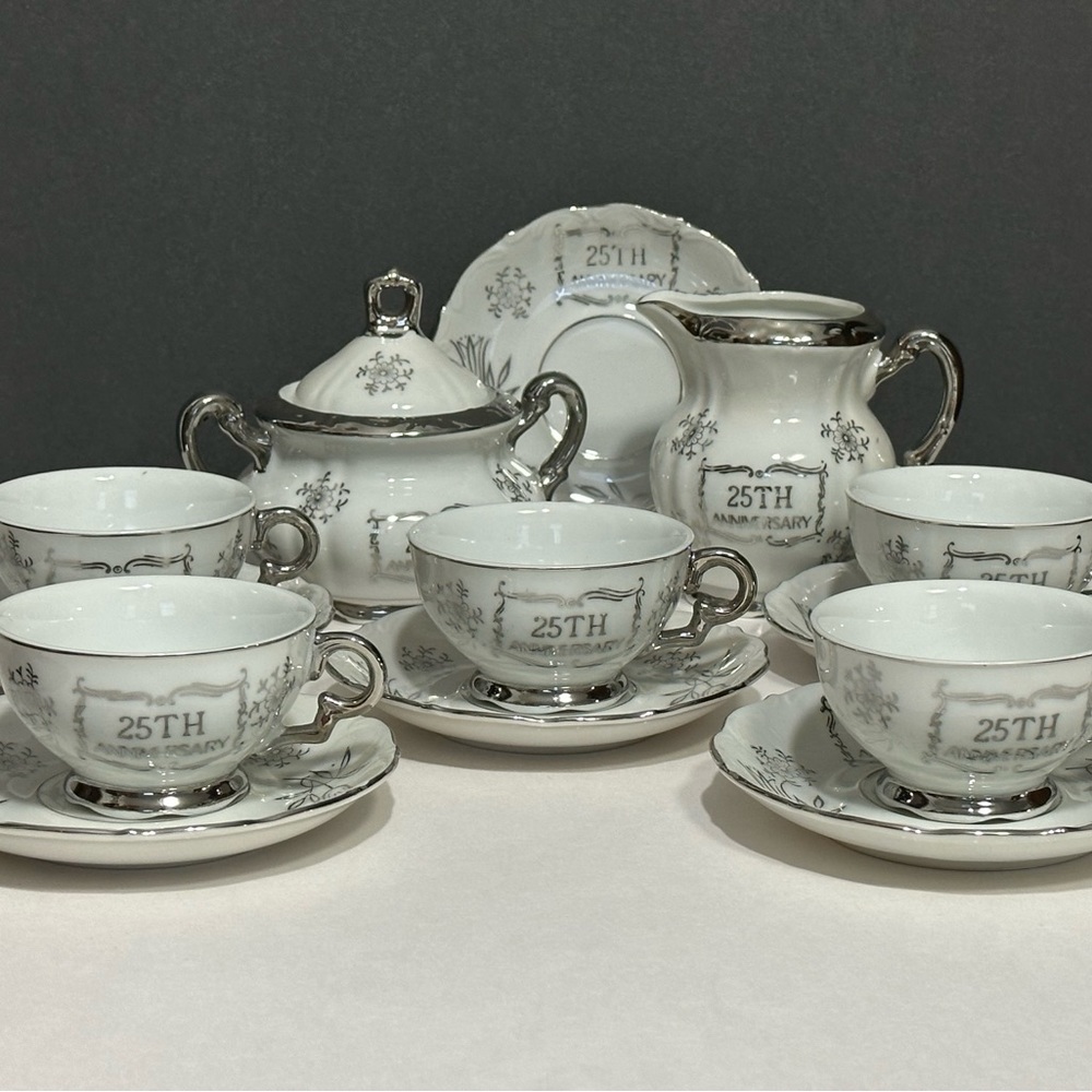 Vintage 25th Anniversary cups saucer creamer and sugar bowl
